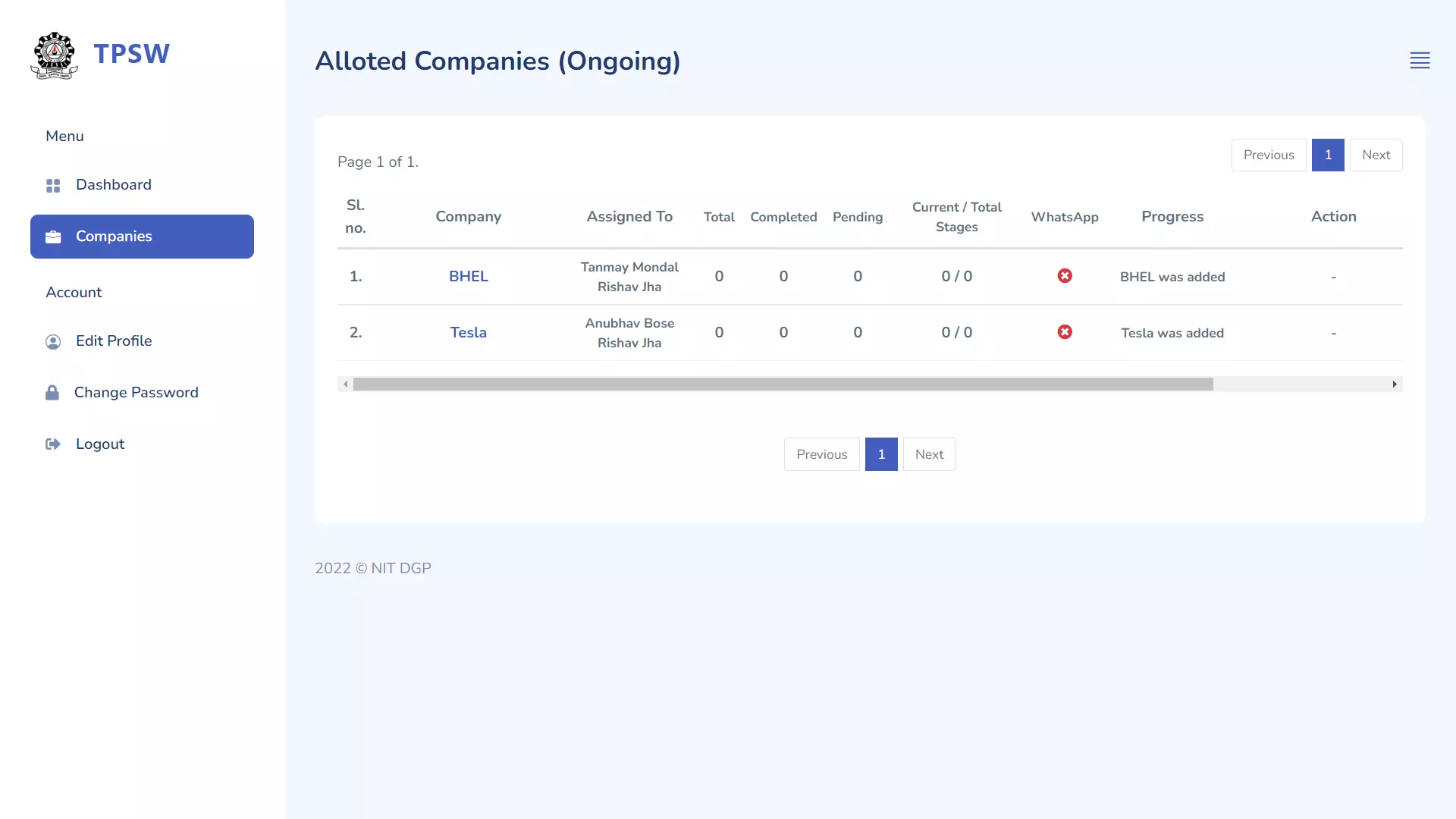 The coordinator can view all the allotted companies at once.